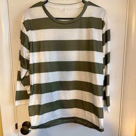 Olive and White Striped Long Sleeve Top - Picture 1 of 3